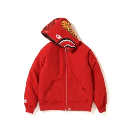 Red BAPE Color Camo Shark Hoodie Down Jacket