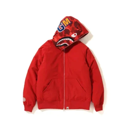 Red BAPE Color Camo Shark Hoodie Down Jacket