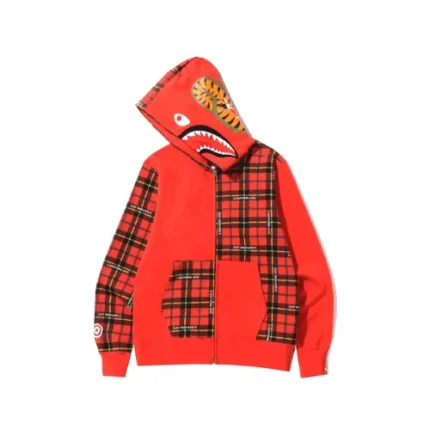 Red BAPE Logo Check Shark Full Zip Hoodie
