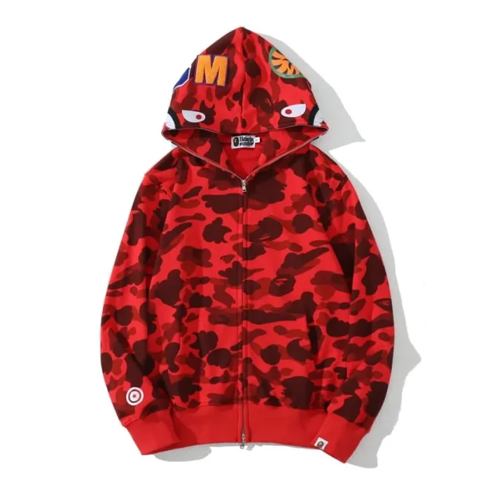 BAPE 1ST OG Red Full Camo Shark Full Zip up Hoodie